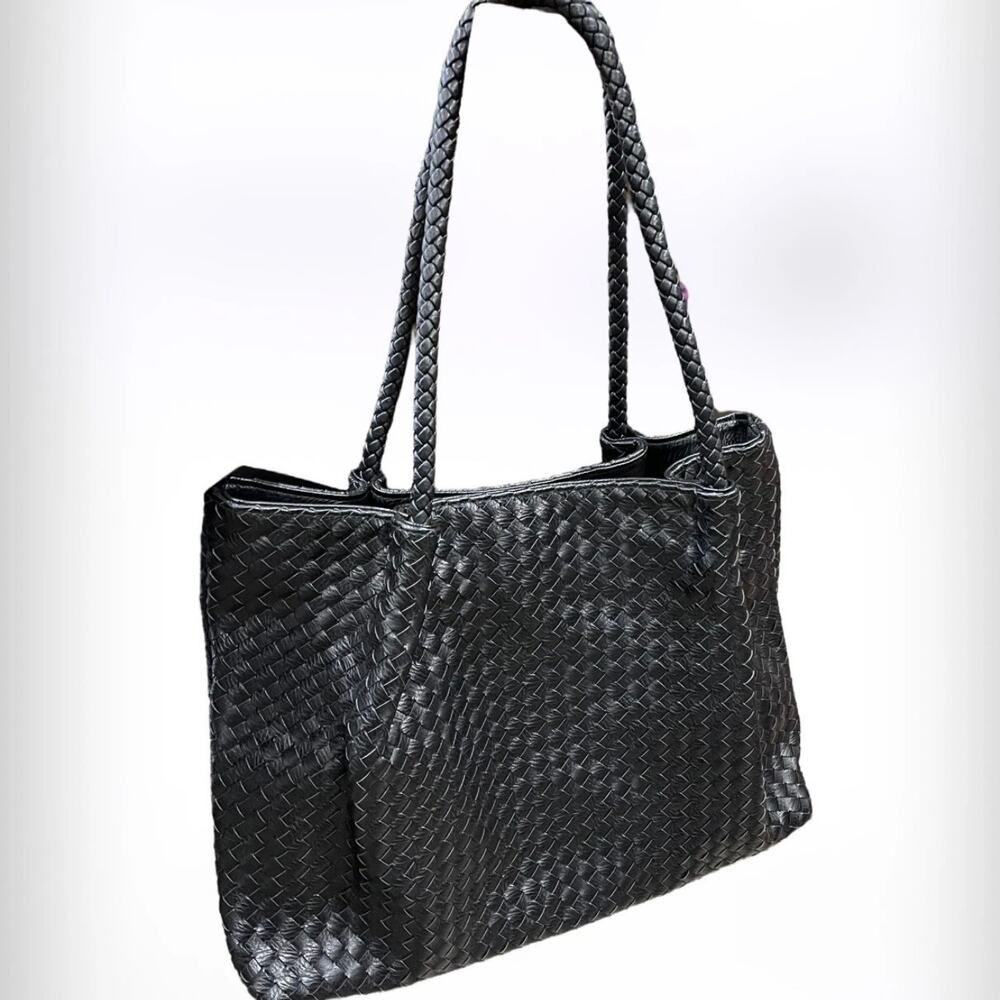 Black Vegan Faux Leather Wovan Shoulder Bag Tote Purse by KK Xui Laptop Computer